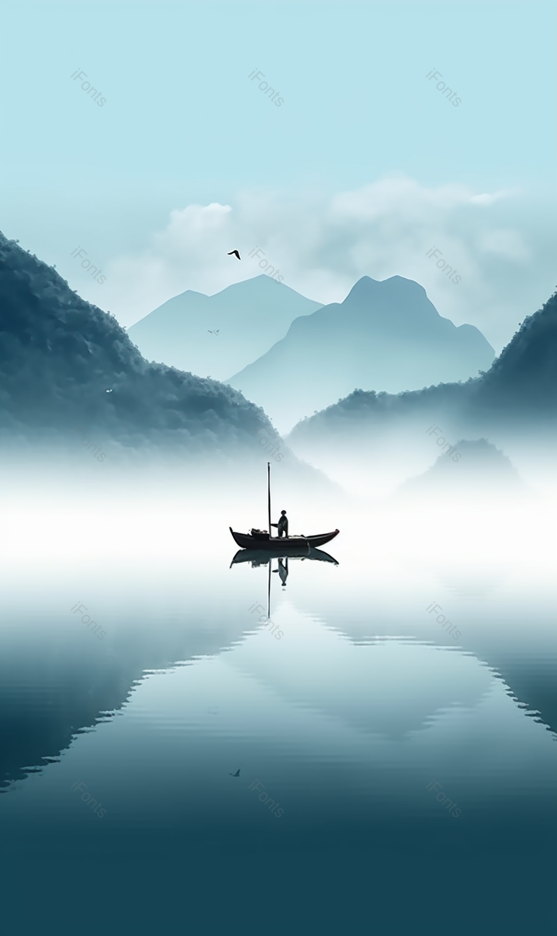 蓝色意境山水涟漪飞鸟小船倒影,插画/手绘图,插画/手绘图库,插画/手绘图下载,插画/手绘